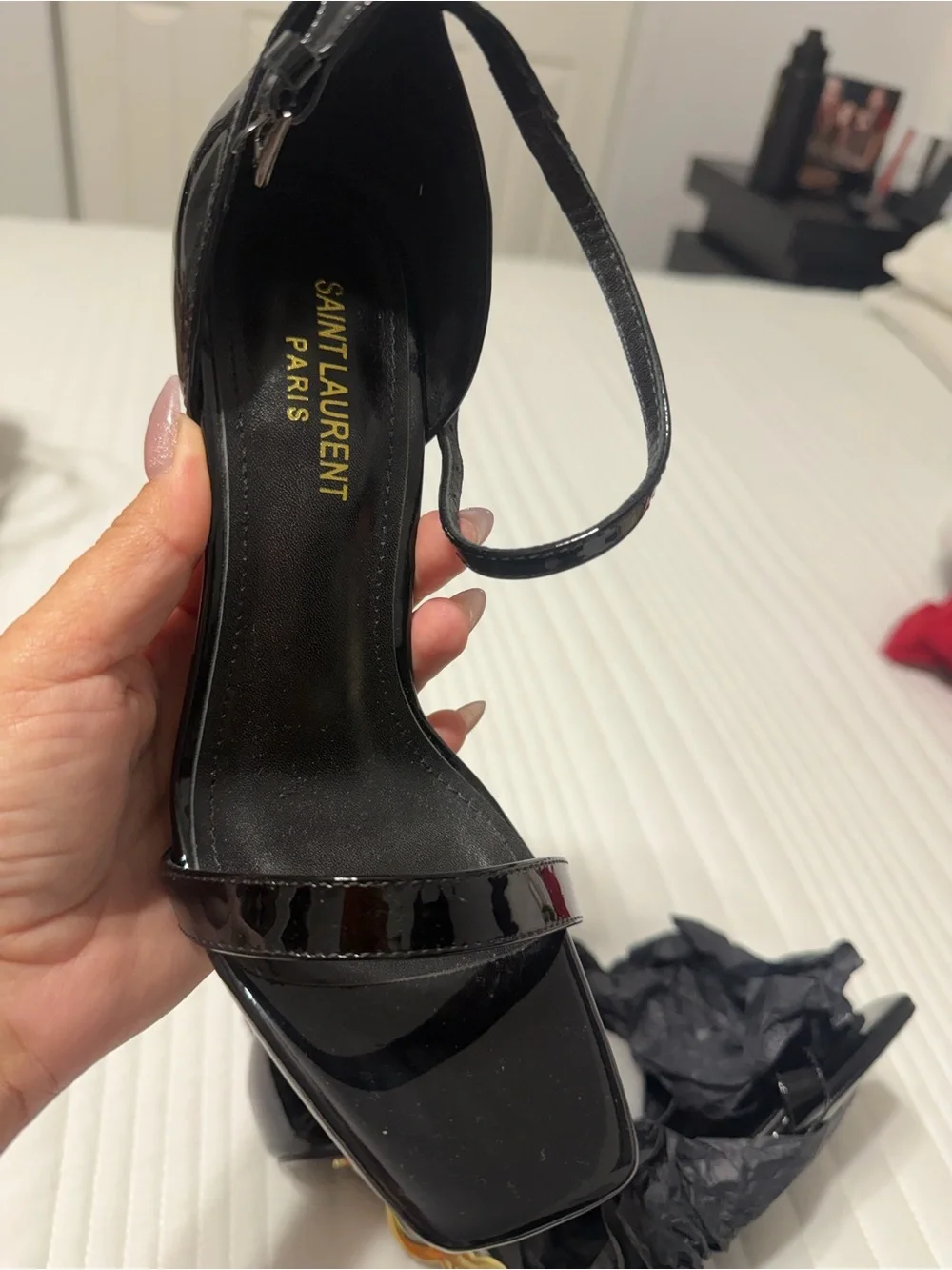 Saint Laurent Black Patent Leather Ankle-Strap Sandals with Gold YSL Logo Heels - Picture 7 of 8